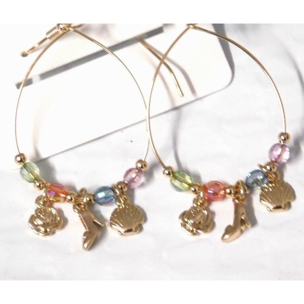 Disney Parks Cinderella Belle Ariel Rose Shell Slipper Bead Earrings Gold Wire